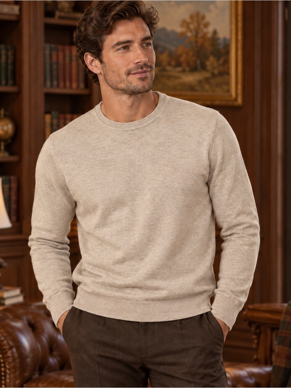 Black Brown 1826 Men M 100% Merino Wool Beige Crewneck Sweater Preppy Casual